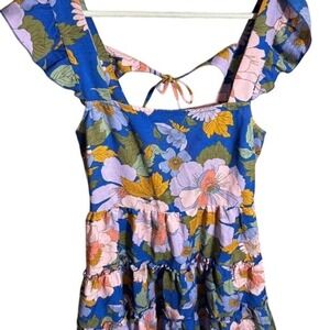 B.O.G Collective Floral Tiered Mini Dress Blue Ruffle‎ Tie Back Womens Medium